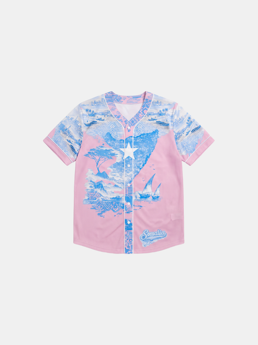 Lux Somalia Pinkblue men's baseball jersey displayed in flat lay, featuring pink and blue design with front view.
