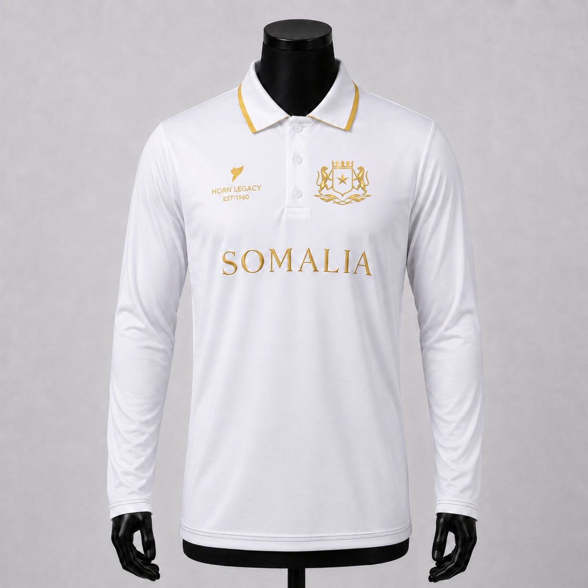 Lux Somalia Royal Jersey for men, long sleeve, featuring detailed design and vibrant colors, displayed on a hanger.